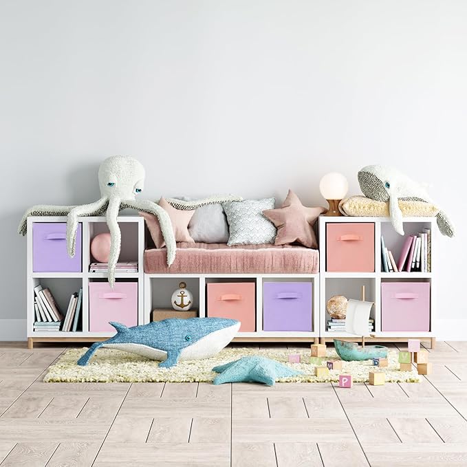 Fabric Storage Bins 6 Pack 13 inch Foldable Storage Cubes with Reinforced Handles Fun Colored Durable Cube Storage Bin for Home, Playroom, Closet Organizers and Storage Purple, Pink, Peach