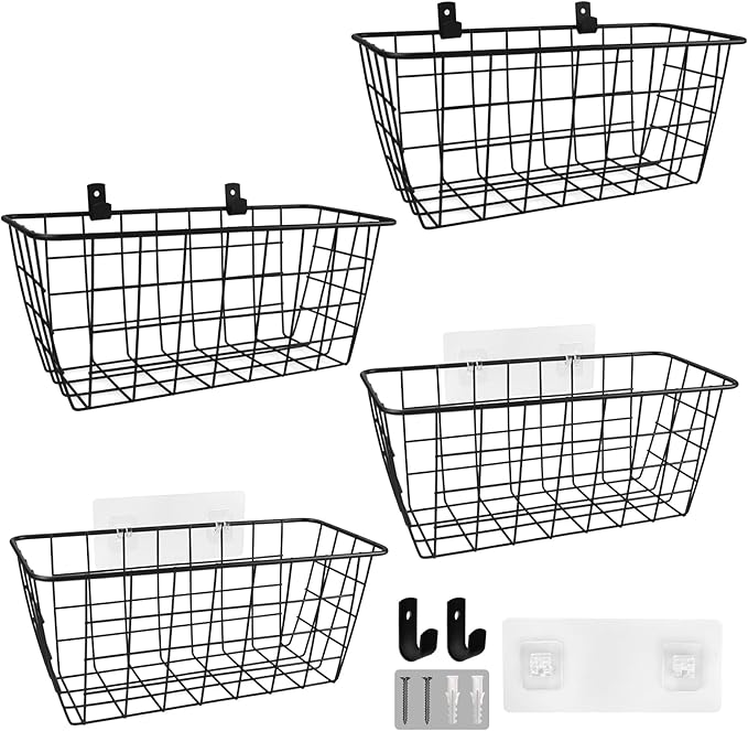 Wire Hanging Wall Basket, 4 Black Baskets Set Adhesive Wall Mount Organizer for Pantry Kitchen RV Bathroom Cabinet Storage Organization