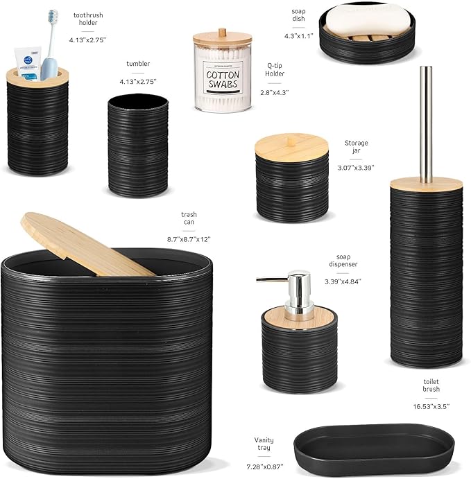 IMAVO Bathroom Accessory Set-11Pcs Black Bathroom Accessories Set with Trash Can,Soap Dispenser,Soap Dish,Toothbrush Holder,Toothbrush Cup,Toilet Brush Holder,Qtip Holder Dispenser with Labels