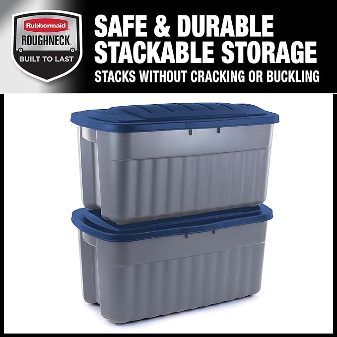 Rubbermaid Roughneck️ 40 Gallon Storage Totes, Pack of 2, Durable Stackable Storage Containers with Hinged Lids, Nestable Plastic Storage Bins for Tools, Toy Storage, Grey and Dark Indigo Metallic