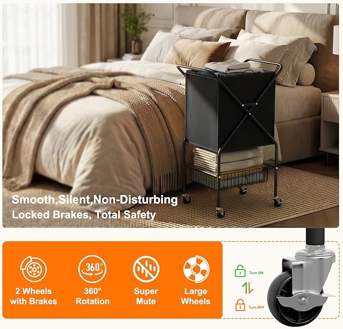 Laundry Basket with Wheels:88L Rolling Laundry Cart Foldable Metal Frame Dirty Clothes Laundry Hamper 36"H 4 Caster 2 Brake Waterproof Removable Liner Carry Handle for Dorm Laundry Room,Black