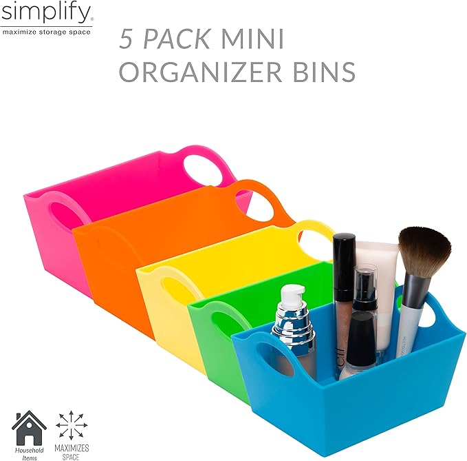 Simplify Neon, 5 Pack, Mini Storage Containers, Bins, Drawer, Office Organization, Good for Toys, Hair Accessories, Bobby Pins, Q-Tips, Small Items