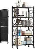 Heavy Duty 5-Tier Foldable Storage Shelf with Locking Wheels, No Assembly Metal Shelving Unit, Space-Saving Organizer for Garage, Kitchen, Basement, Pantry, 28" x 14" x 62", Black (1)