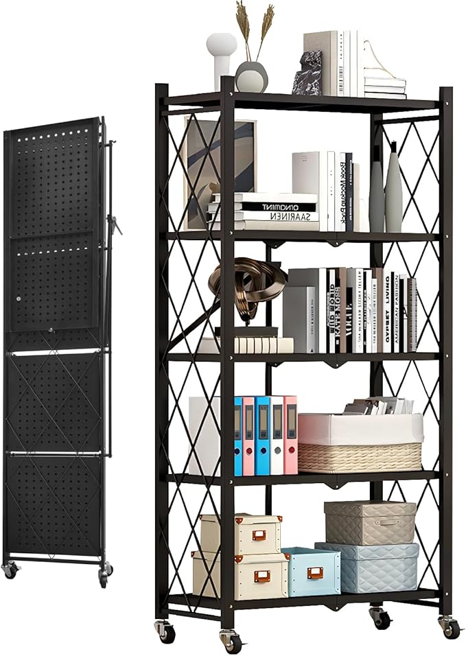 Heavy Duty 5-Tier Foldable Storage Shelf with Locking Wheels, No Assembly Metal Shelving Unit, Space-Saving Organizer for Garage, Kitchen, Basement, Pantry, 28" x 14" x 62", Black (1)