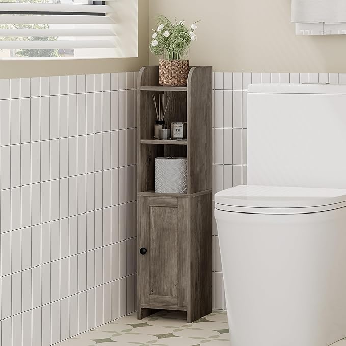 Homhedy Small Bathroom Storage Corner Floor Cabinet with Door and Shelves, Beside The Toilet Paper Stand for Skinny, Narrow Toilet Paper Cabinet, 7.9" D x 7.1" W x 31" H, Greige
