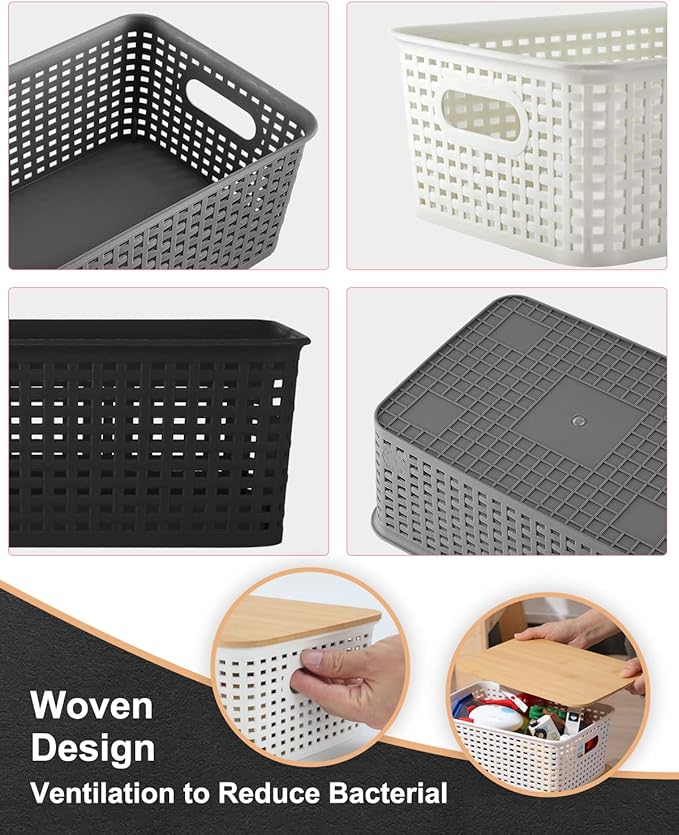 AREYZIN Storage Bins with Bamboo Lids Set of 6 Lidded Storage Container Plastic Baskets Organizer Bins for Organizing Kithen Room Bedroom Office Closet, Sturdy(Grey)