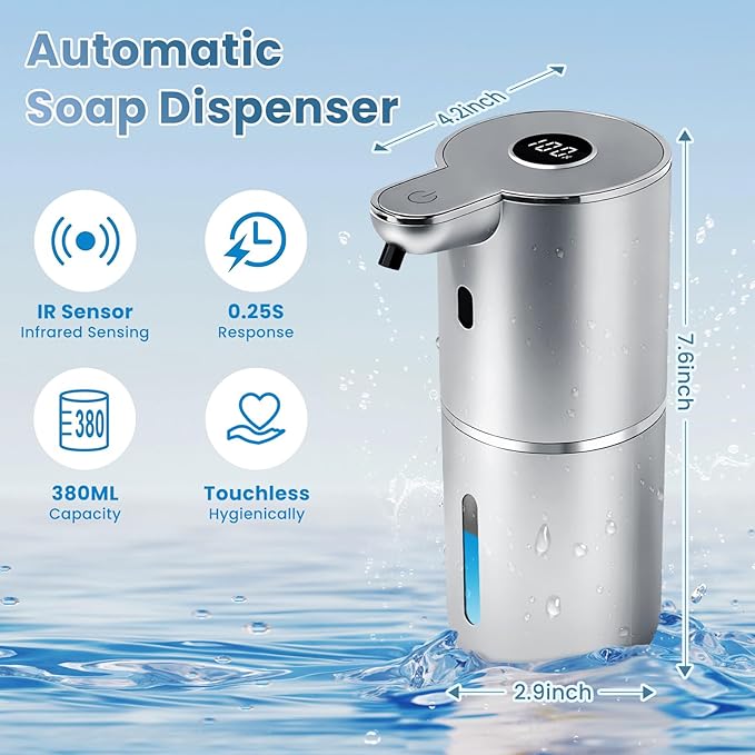 Automatic Soap Dispenser, Touchless Liquid Soap Dispensers, USB Rechargeable, 6-Level Adjustable Volume Control, 12.8oz/380ml, Wall Mount for Kitchen, Bathroom, Free Liquid Dispenser Stickers (Silver)