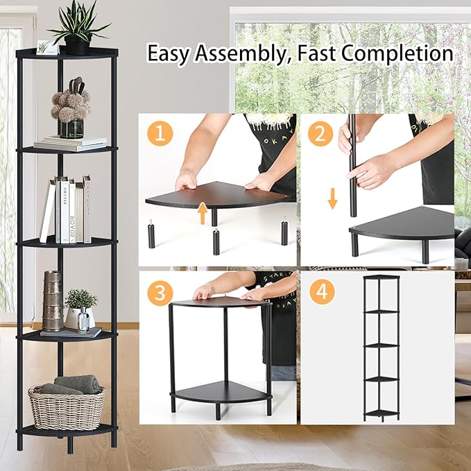 SUNMORY 5 Tier Corner Shelf Stand, Industrial 65" Corner Shelves Display Shelf for Living Room Decor, Wall Corner Bookshelf Multi Unit Organizer, Tall Shelf Plant Stand for Bedroom, Bathroom, Black
