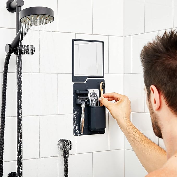 TOOLETRIES The Harvey & Oliver Set- Toothbrush & Razor Holder and Fog Resistant Mirror - Silicone Shower & Bathroom Accessory - Features Silicone-Grip Technology, Removable & Reusable - Charcoal