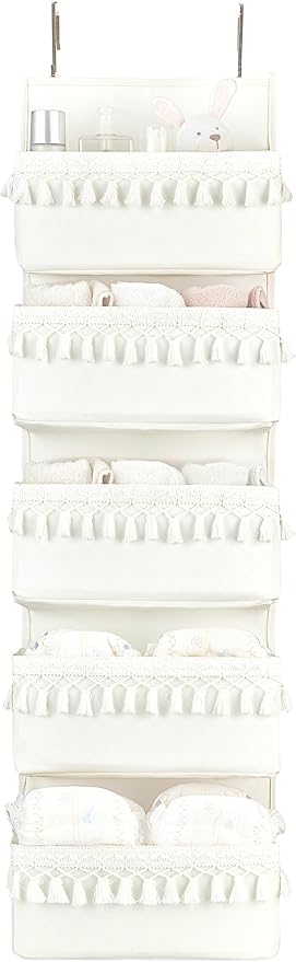 Dahey Over The Door Organizer Boho Nursery Storage Decor Closet Hanging Organizer with Tassels Decoration for Bedroom Nursery Bathroom Apartments Dorm Pantry, 5 Pockets, White
