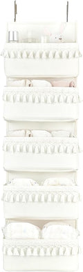 Dahey Over The Door Organizer Boho Nursery Storage Decor Closet Hanging Organizer with Tassels Decoration for Bedroom Nursery Bathroom Apartments Dorm Pantry, 5 Pockets, White
