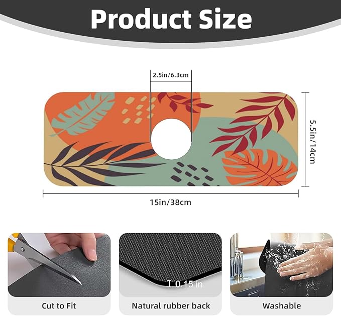 Boho Bohemian Abstract Floral Leaves Kitchen Sink Splash Guard Faucet Mat Super Absorbent Fast Drying Mat Sink Gadgets-Fast Drying Pad Sink Mat For Kitchen Bathroom (15" X 5.5" )