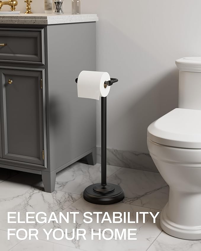 KALLYNB Freestanding Toilet Paper Holder Stand - Rustproof 304 Stainless Steel with Heavy Duty Weighted Base (4.8lbs), 22" Height Pivot Arm Tissue Roll Dispenser, Fits Mega Rolls - Matte Black
