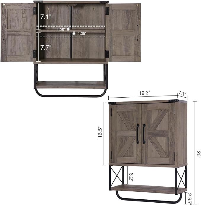 RUSTOWN Farmhouse Medicine Cabinet with 2 Barn Door, Wood Wall Mounted Storage Cabinet with Adjustable Shelf and Towel Bar, 3-Tier Bathroom Cabinet for Bathroom, Living Room(Washed Oak, Medium)