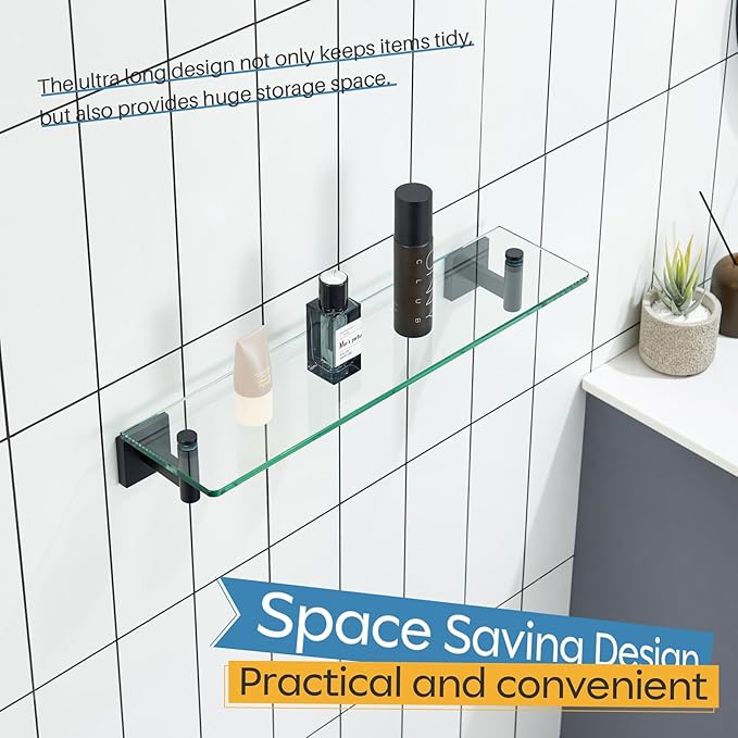 KOKOSIRI Bathroom Shelves Glass Floating Shelf 20-Inch for Bedroom Living Room Kitchen Hanging Rack Rustproof Wall Mounted Black 2 Pack B1105BK-L20-P2