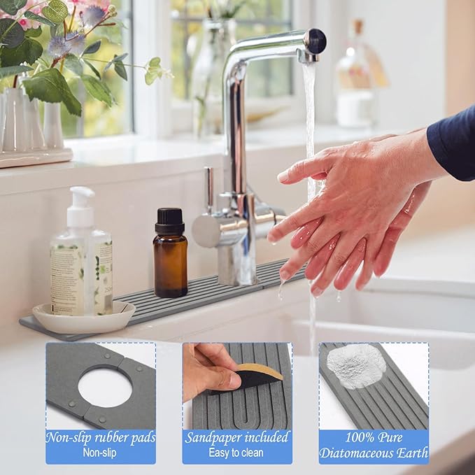 Stone Faucet Mat for Kitchen Sink- 23.6''x 3.9''Diatomite Fast-Drying Faucet Mat, Super Water Absorbing Stone Tray for Sink,Faucet Splash Guard for Bathroom Counter (Dark Gray)