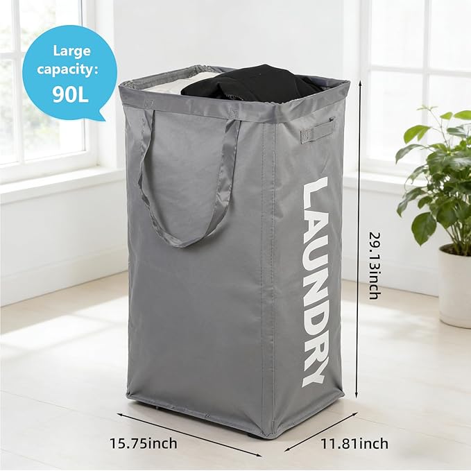 90L Laundry Basket with Wheels,Laundry Hamper with Removable Wash Bag, Rolling Clothes Hamper, Foldable Dirty Clothes Basket on wheels for Bedroom, Dorm, Laundry Room, Grey