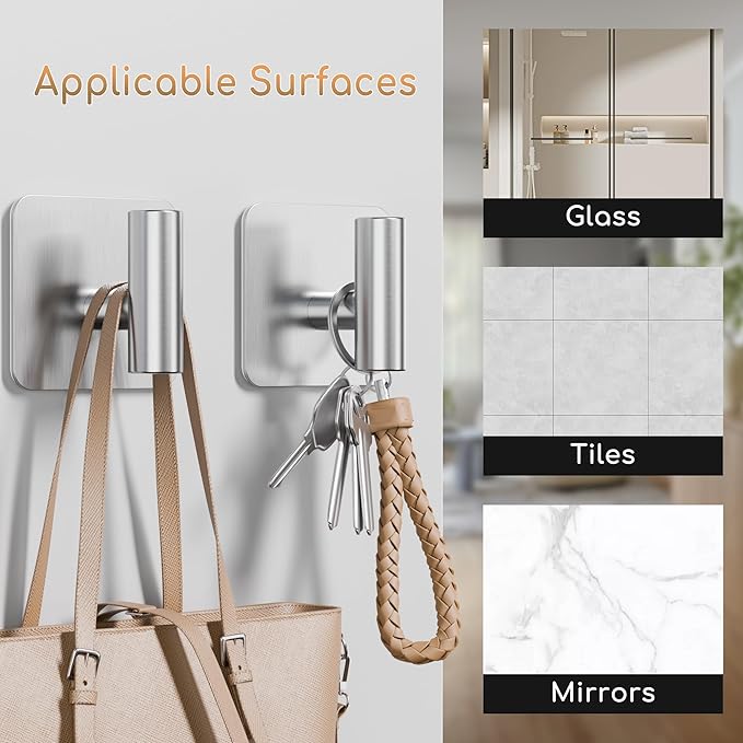 4 Pack Large Heavy Duty Wall Hooks - 26lb Max, Stainless Steel Adhesive Towel Hook, Shower Hooks for Hanging Towel, Coat, Robe, Wall Hook for Use in Bathroom, Kitchen and Door