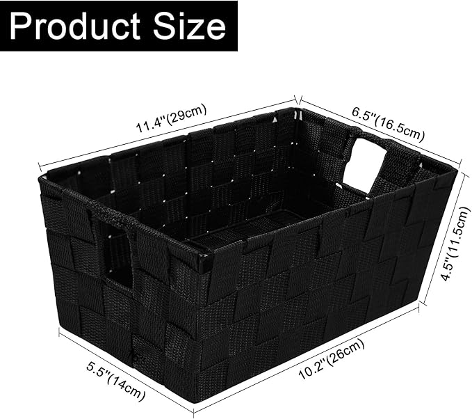 homyfort Woven Black Storage Baskets Shelf Tote Boxes Container, Durable Storage Organizer Bins with Built-in Handles for Bedroom, Office, Closet, Kids Room, Nursery, 3-Pack,11.4”x 6.5”x 4.5”