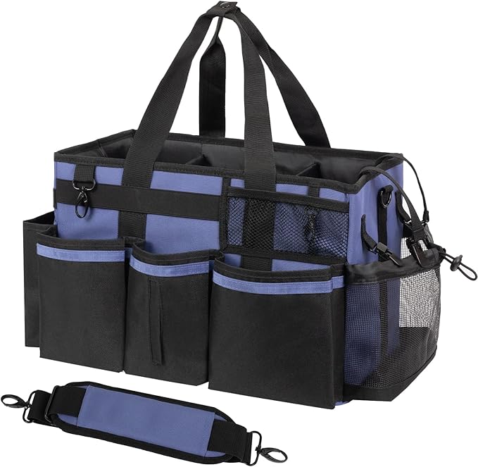Wearable Cleaning Caddy, Cleaning Caddy Supplies Organizer with Handle & Shoulder Straps for Housekeepers, Under Sink & Car Cleaning Tool Organizers Bag with 4 Foldable Divider (CeruleanBlue)