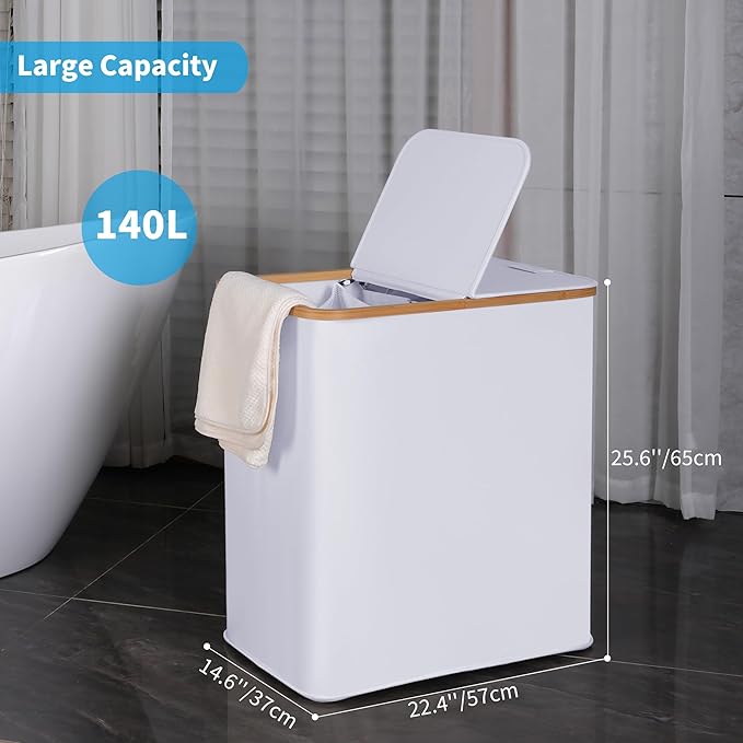 efluky Laundry Hamper with Lid, Double Laundry Hamper with 2 Removable Bags, 2 Section Laundry Basket with Bamboo Handles for Bathroom, Bedroom & Laundry Room -White