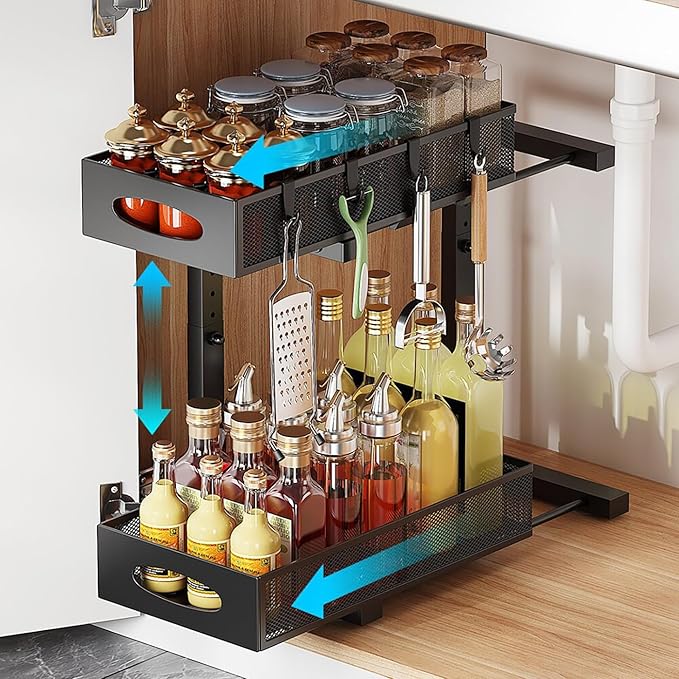 Under Sink Organizer 2 Tier, Pull Out Cabinet Storage with 5-Level Adjustable Height, Thickened Carbon Steel Sliding Under Cabinet Shelf for Kitchen, Bathroom, Laundry Room, Black
