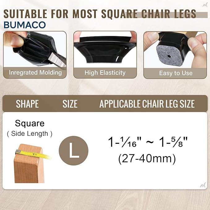 BUMACO Chair Leg Floor Protectors Square Chair Leg Protectors for Hardwood Floors 20Pcs Silicone Covers to Protect Floors Square (Black-L Fit 1-1/16" to 1-5/8")