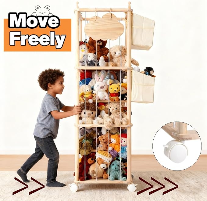 Stuffed Animal Storage & Organizer, with 2-Piece Large Detachable Toy Storage Bags, Wooden Tall Zoo Toys Storage with Wheels for Kids Playroom Kidroom Bedroom, Easy Assemble, 53 Inch