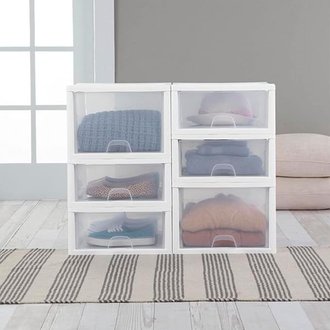 Sterilite 24-Pack 16 Quart Stacking Drawer, Clear Storage Closet Organizer, White Frame - Stackable Modular Plastic Drawers for Clothes, Accessories, Craft Supplies, Shoes or Linens