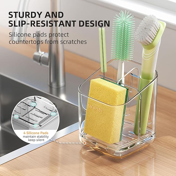 Minimalist Sponge Holder for Kitchen Sink, 3 Slots Sink Caddy with Removable Divider and Drip Tray, Clear PET Countertop Organizer to Free up Kitchen Sink Space
