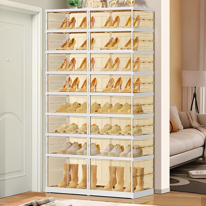 EHAMILY 8 Tiers 16-32 Pairs Foldable Shoe Rack for Closet Plastic Stackable Shoe Boxes for Garage Collapsible Shoes Shelf with Doors Storage Organizer Cabinet Quick Assembly,Brown