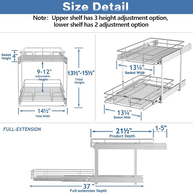MODCART 2 Tier Individual Pull Out Cabinet Organizer 14½" W x 21½" D, Heavy Duty Cabinet Pull Out Shelves, Slide Out Drawers Organization for Kitchen Cabinets Bathroom