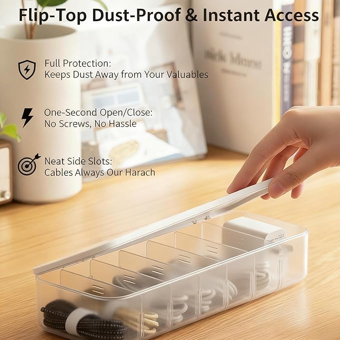 Cord Organizer Box with Lid, 7 Compartment Cable Management with 7 Wire Ties, Dustproof Cable Storage Box for Office & Home, Wire Hider for Computer Desk, Charger Cables, Power Cords (2pack)