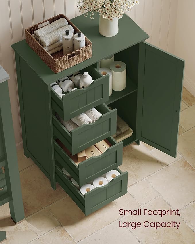 VASAGLE Storage Cabinet with Drawers, Freestanding Floor Cabinet with Door, 11.8 x 21.7 x 32.3 Inches, Adjustable Shelf, for Bathroom, Living Room, Kitchen, Forest Green ULHC041CH01S