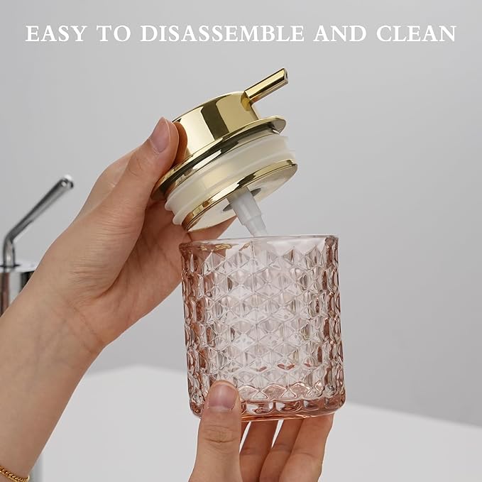 Hand Soap Dispenser Glass, Refillable Liquid Dispenser for Bathroom & Kitchen,Lotion Dispenser with Large Gold Pump（Diamond Pattern-Pink）
