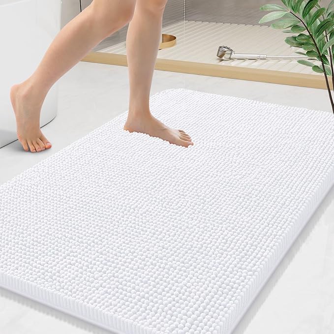Arotive Bathroom Rugs 44x24, Extra Soft Absorbent Shaggy Chenille Bath Rugs, Machine Washable Rubber Backing Non-Slip Bath Mats for Bathroom Floor Tub and Shower, Home Decor Accessories, White