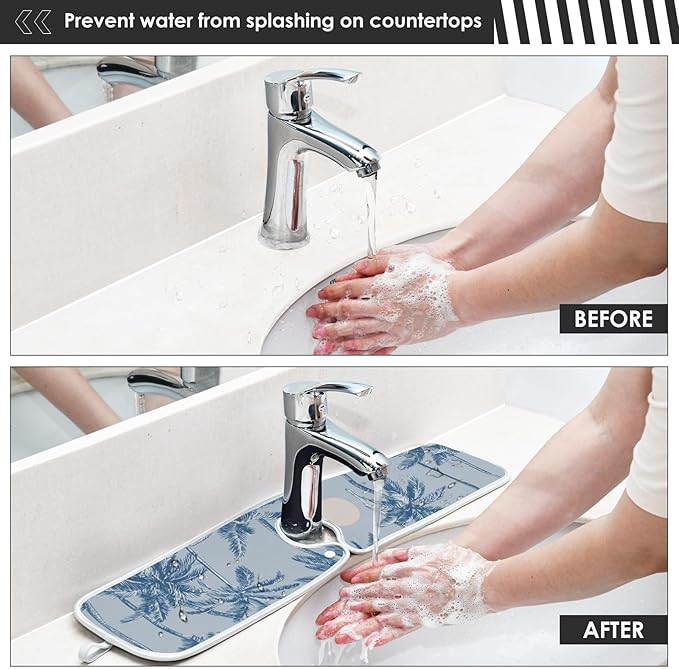 Sink Faucet Absorbing Mat Kitchen Sink Splash Guard Splash Faucet Drip Catcher for Bar RV Bathroom 2PCS 14.9x5.5in Blue Tropical Trees and Sun