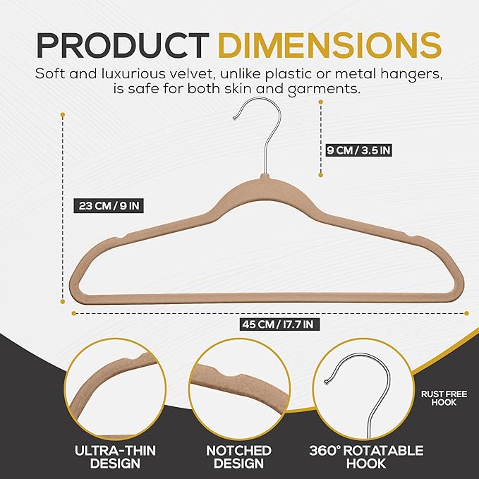 Techzoo 50 Pack New Premium Quality Velvet Hangers Ultra Thin Non Slip Adult Felt Space Saving Hangers for Closet Heavy Duty Coat Pants Dress Hangers 360° Swivel Hook Hold Upto 10 lbs Warm Taupe
