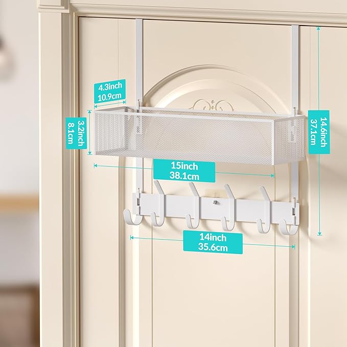 LUCYCAZ Over The Door Hooks Organizer, Door Hanger Storage with Coat Hooks Wreath Hanger & Mesh Basket, Over The Door Towel Rack Door Organizer for Bathroom,Bedroom,Kitchen (White), OVTD01