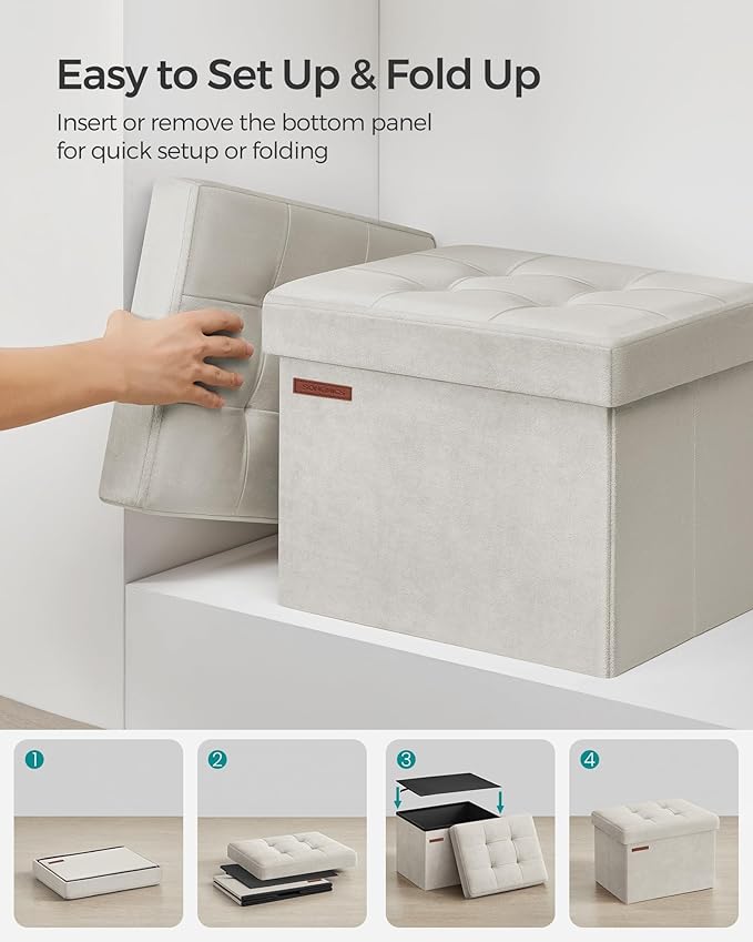 SONGMICS Storage Ottoman, Foldable Small Ottoman Foot Rest, 12.2 x 16.1 Inches Foot Stool, OAD up to 286 lb, for Living Room, Bedroom, Dorm, Cream White ULSF200W01