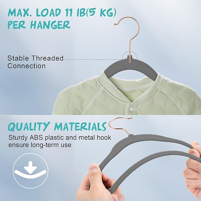 50 Pack Velvet Baby Hangers Non-Slip Clothes Hanger with Swivel Hooks, Space Saving Infant Toddler Closet Organizers, Ultra Thin Durable Child Hangers for Nursery, Kids, Children Wardrobe (Grey)