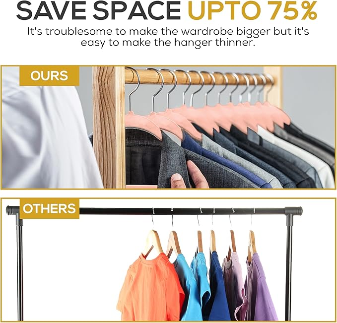 Techzoo 50 Pack New Premium Quality Velvet Hangers Ultra Thin Non Slip Adult Felt Space Saving Hangers for Closet Heavy Duty Coat Pants Jackets Dress Hangers 360° Swivel Hook Hold Upto 10lbs Rose Gold