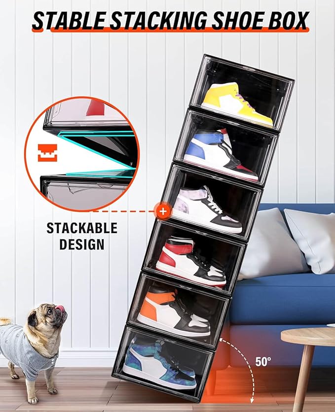 KDOR Shoe Boxes Clear Plastic Stackable 10 Pack Sneaker Storage Boxes with Magnetic Door, Acrylic Display Case, Strong and Sturdy Fit Shoe Size Up to US 15