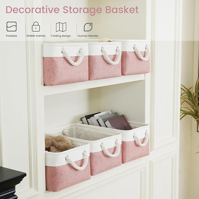 Storage Baskets for Shelves 13.8x9.8x6.7 Inch, Foldable Fabric Storage Bins with Handles, Small Storage Baskets for Organizing Closet, Office, Home Organization (3-Pack, White&Pink)