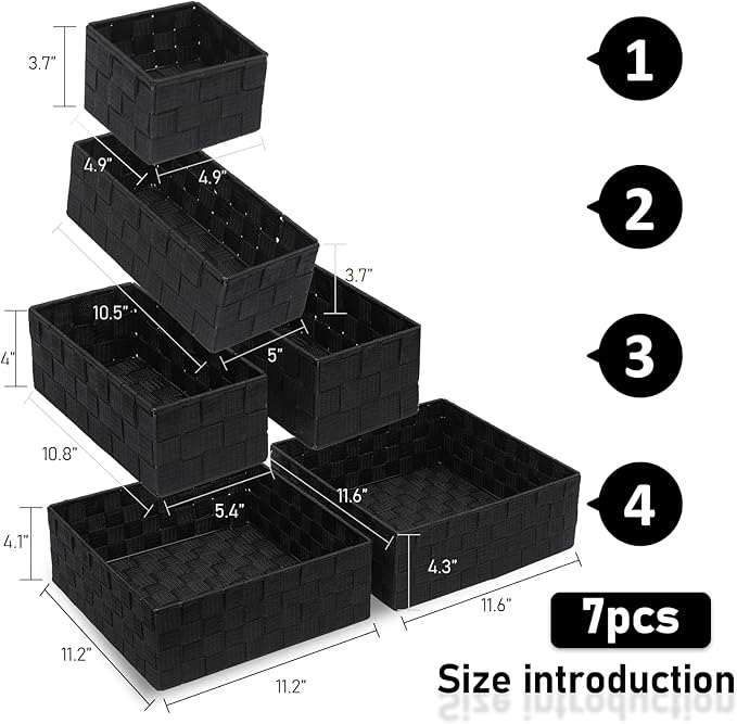 Storage Bins Woven Organizer Set of 7 – Polypropylene Storage Baskets with Metal Frame, Stackable Fabric Boxes for Drawers, Closet, Shelf, Nursery and Office, Black