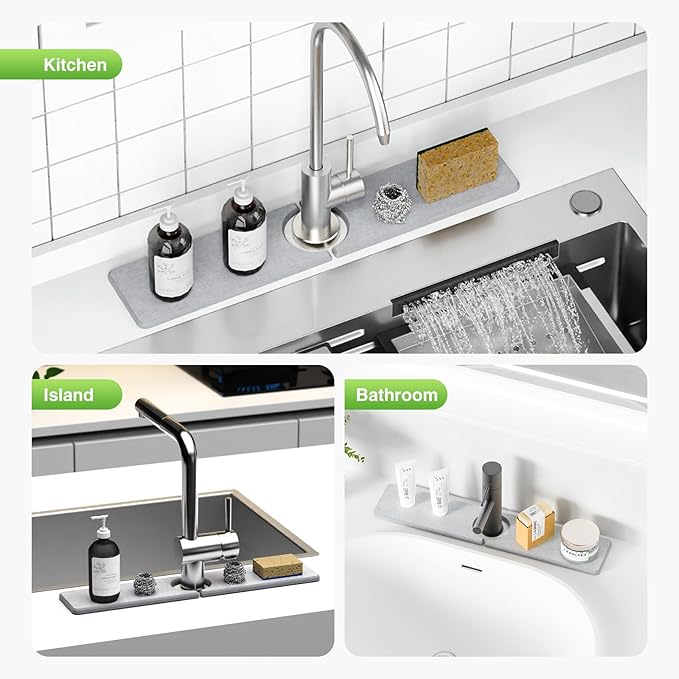 20" x 4" Stone Faucet Mat for Kitchen Sink, Quick Drying Diatomite Sink Tray, Faucet Sink Splash Guard for Prevents Moisture Buildup (Light Gray)