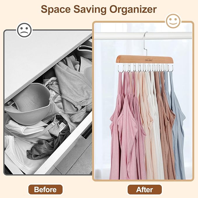 TOPIA HANGER Bra Hanger for Closet, 2 Pack Tank Top Hangers 40 Hooks Capacity Foldable Wood Space Saving Hangers Closet Organizer for Tank Top, Bra, Scarf, Belt, Tie, Hoodie etc - CT66N