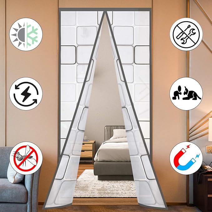 Insulated Curtain, Thermal Magnetic Self-Sealing EVA Screen, Keep Cold Out Door Cover Auto Closer for Kitchen, Bedroom, Air Conditioner Room, Hands Free, Fits Doors Up to 38" x 82", Grey