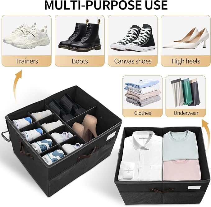 Shoe Storage Organizer for Closet Fits 16 Pairs, 1 Pack Shoes Boxes with Transparent Cover and Sturdy Handles, Shoe Storage Box for Sneakers Sandals Slippers, Boots,Black,Gift for women,mom