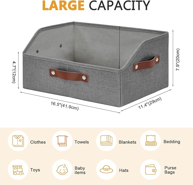Closet Organizers and Storage, Linen Trapezoid Storage Bins with Handles, Collapsible Shelf Organizer for Blanket, Towel, Clothes, Hats, Purse (Gray)